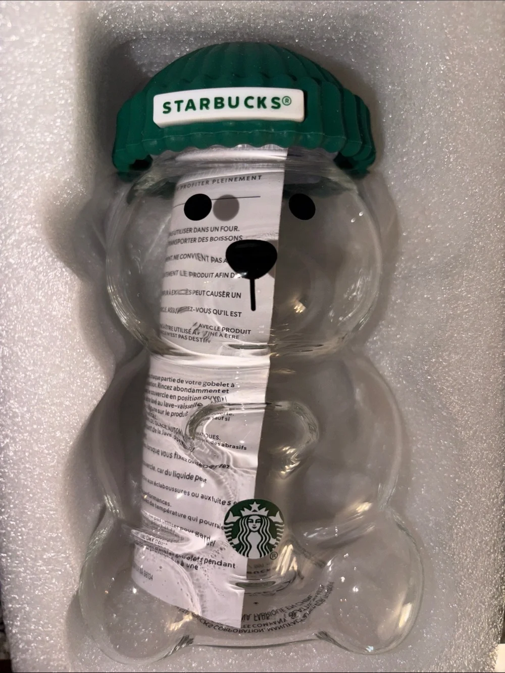 Starbucks Clear Bear-Shaped Glass Cup with Green Beanie Lid